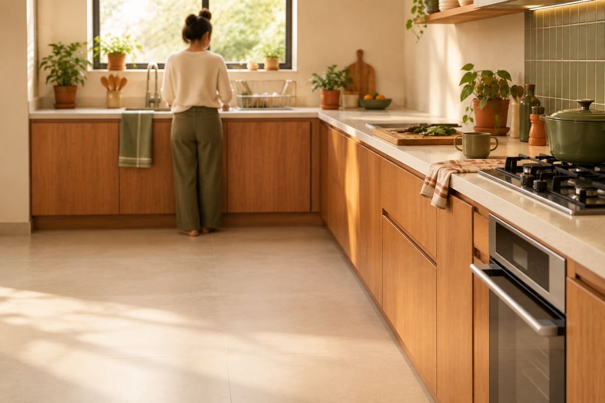 Mulher lavando louça numa cozinha planejada em madeira, com tábua de legumes e pano de prato na bancada