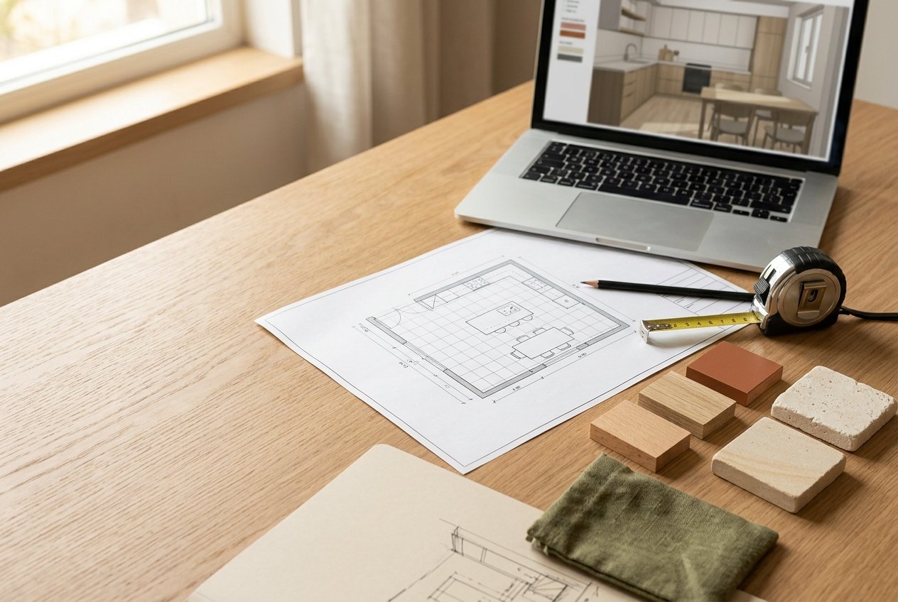 Mesa de projeto com planta de cozinha, amostras de materiais e notebook mostrando imagem 3D