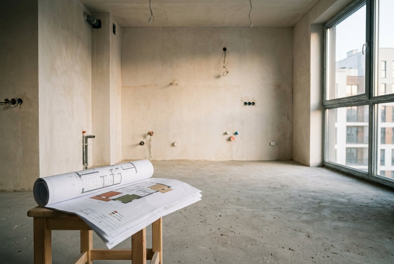 Apartamento novo em fase de entrega, com pontos de água e gás na parede e uma planta baixa sobre um banco