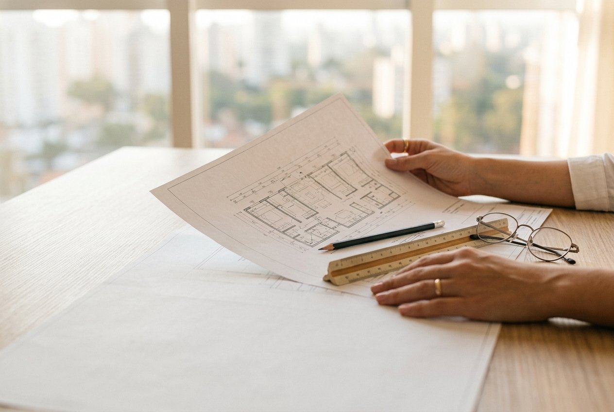 Mãos analisando a planta baixa de um apartamento novo sobre uma mesa de madeira