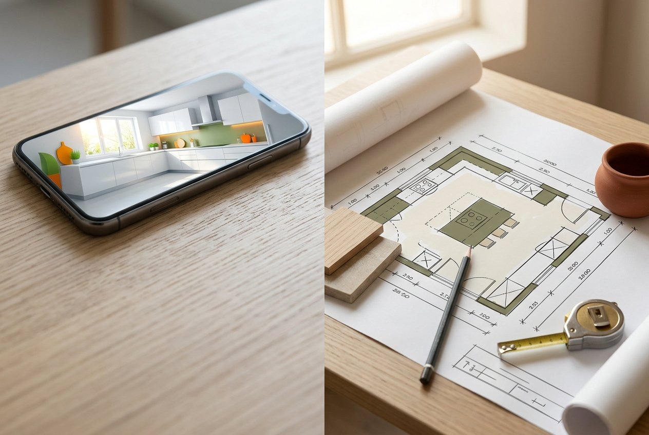 Celular com imagem de cozinha gerada por IA ao lado de uma planta baixa desenhada à mão